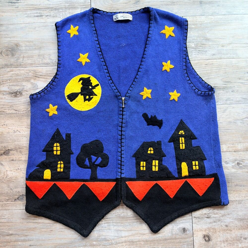 Vintage Halloween Sweater Vest XL Studio Collection Blue Witch Haunted House Zip